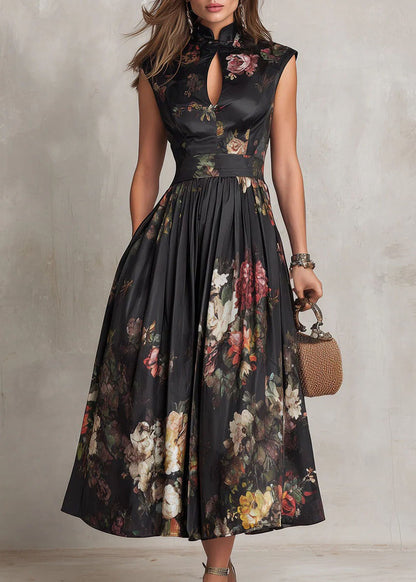 Vintage Black Stand Collar Print Pockets Cotton Dress Summer