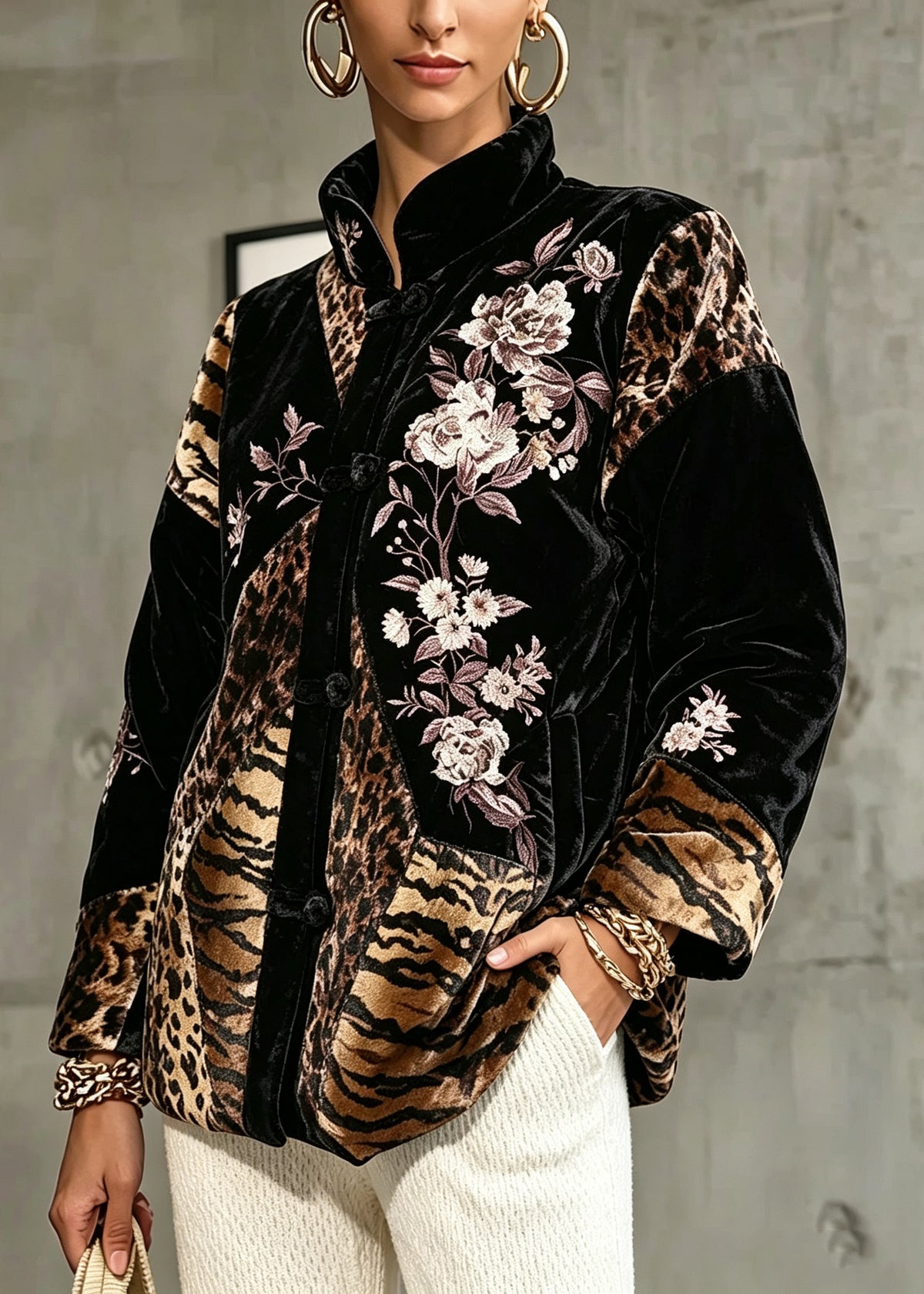 Vintage Black Stand Collar Print Silk Velour Coats Long Sleeve