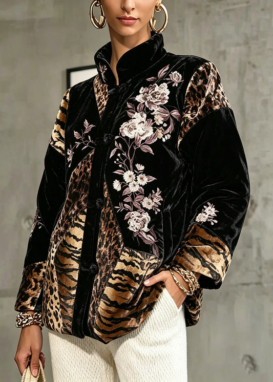 Vintage Black Stand Collar Print Silk Velour Coats Long Sleeve