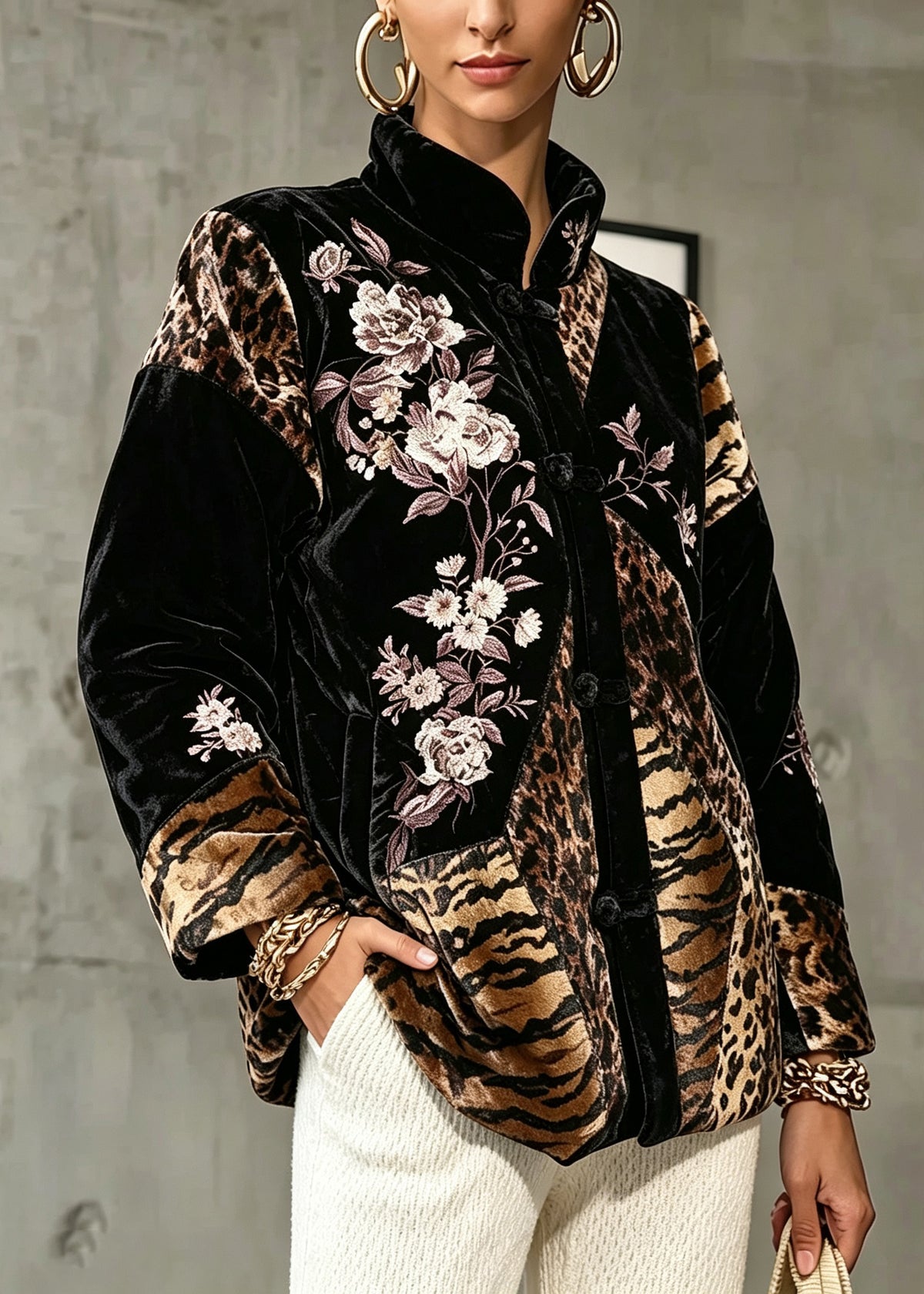 Vintage Black Stand Collar Print Silk Velour Coats Long Sleeve