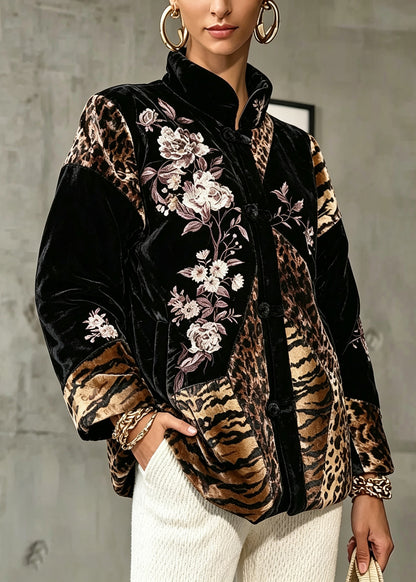 Vintage Black Stand Collar Print Silk Velour Coats Long Sleeve