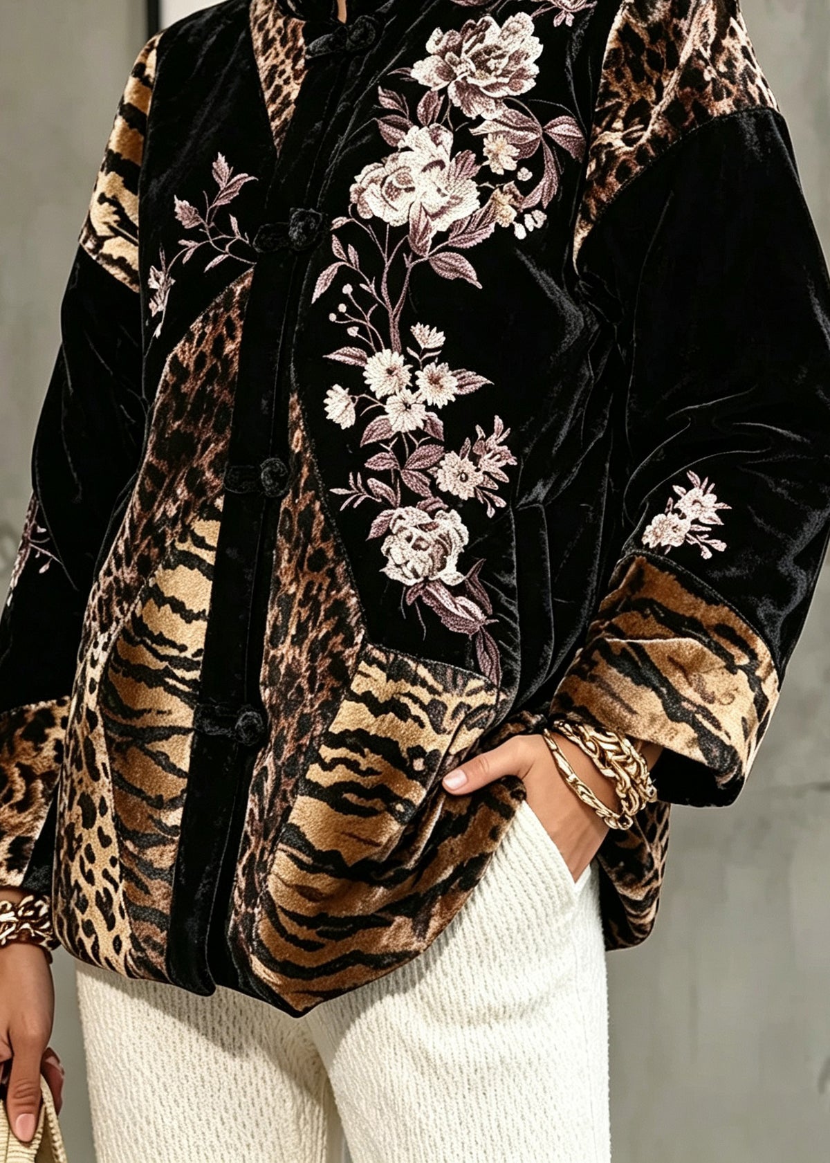 Vintage Black Stand Collar Print Silk Velour Coats Long Sleeve