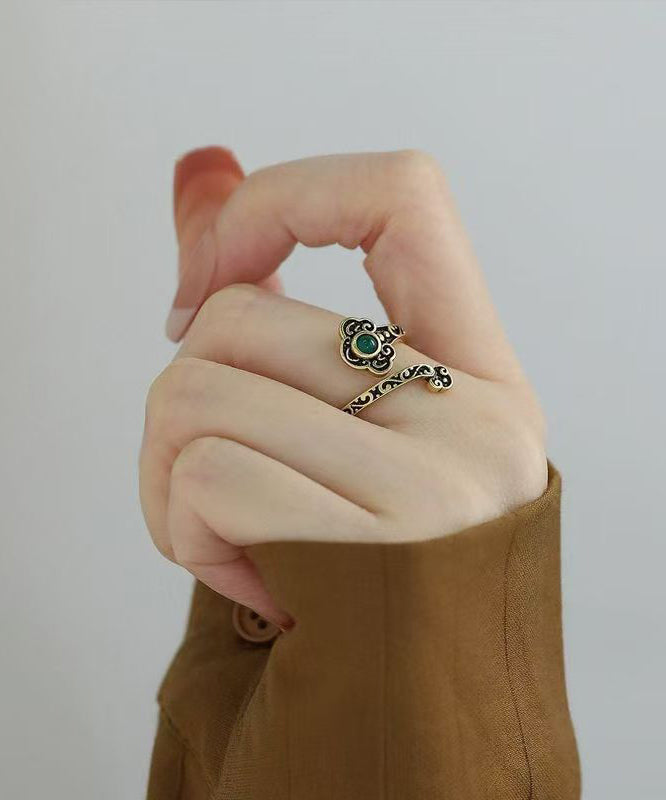 Vintage Black Sterling Silver Jade Ruyi Open Rings