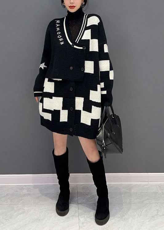 Vintage Black Turtle Neck Patchwork Plaid Knit Fake Two Piece Long Sweater Winter