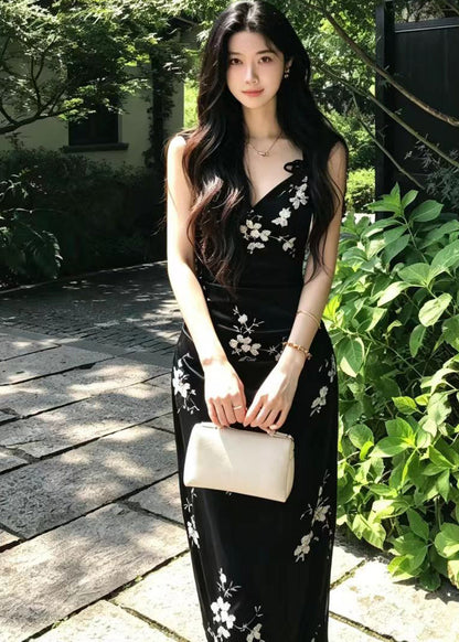 Vintage Black V Neck Back Split Velvet Maxi Dresses Fall