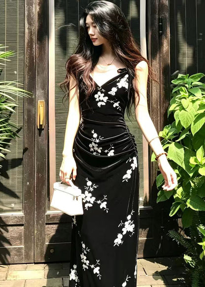 Vintage Black V Neck Back Split Velvet Maxi Dresses Fall