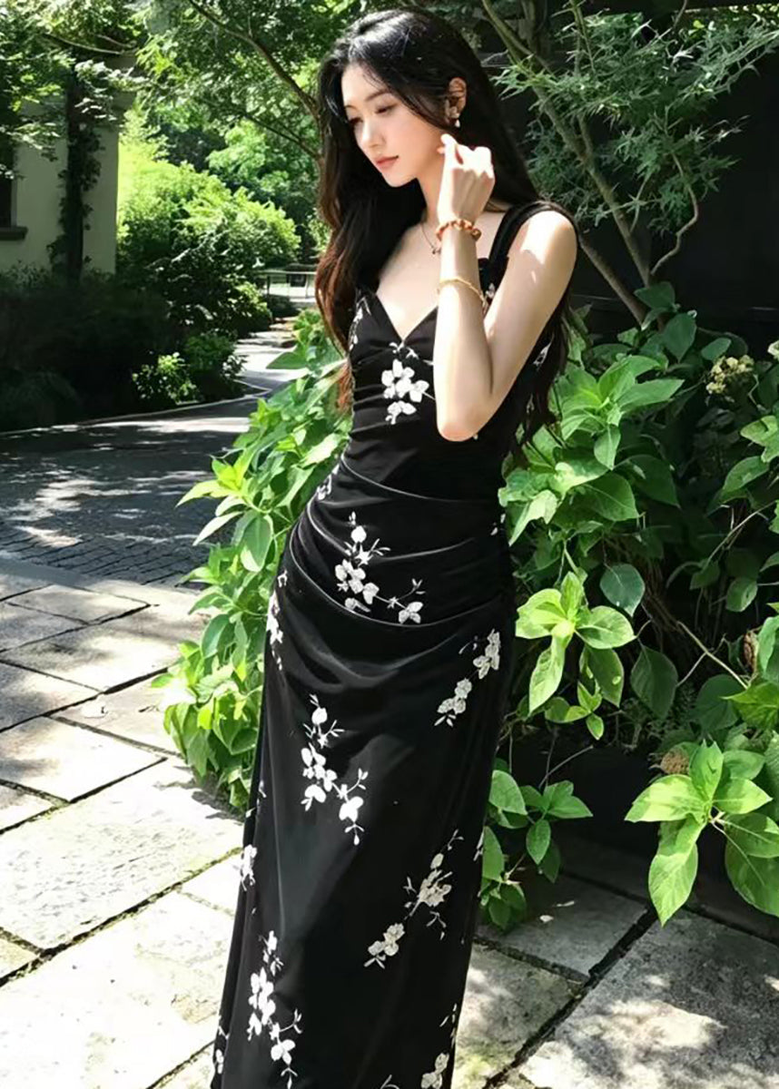 Vintage Black V Neck Back Split Velvet Maxi Dresses Fall
