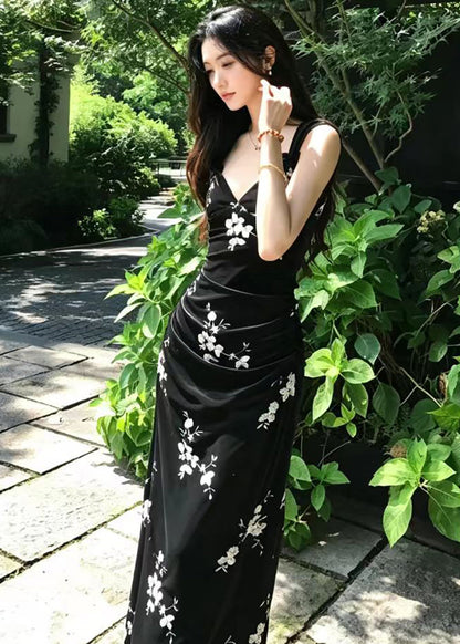 Vintage Black V Neck Back Split Velvet Maxi Dresses Fall
