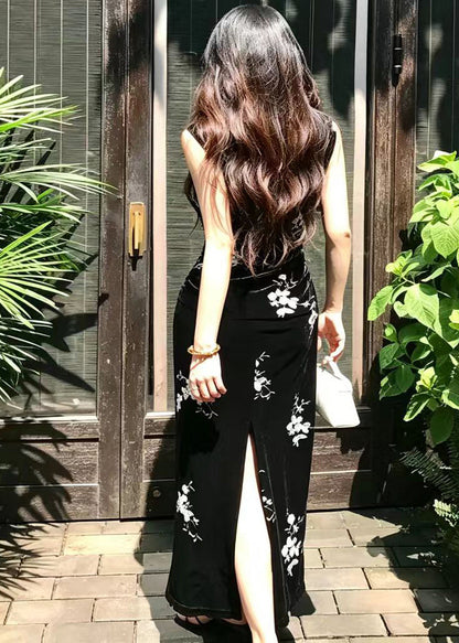 Vintage Black V Neck Back Split Velvet Maxi Dresses Fall