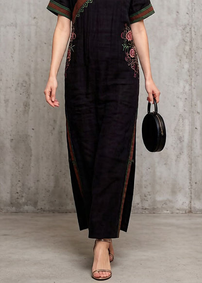 Vintage Black V Neck Embroidered Cotton Dress Summer