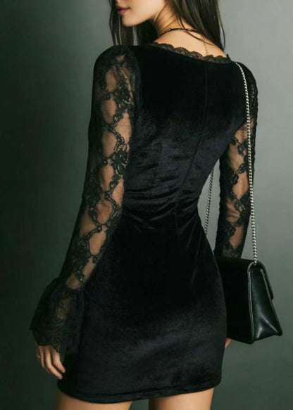 Vintage Black V Neck Patchwork Velvet Mini Dress Summer