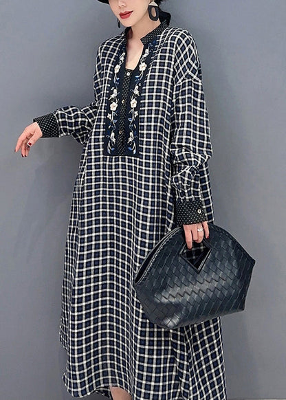 Vintage Black V Neck Plaid Holiday Dress Spring