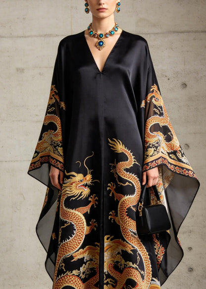 Vintage Black V Neck Print Chiffon Robe Dresses Summer