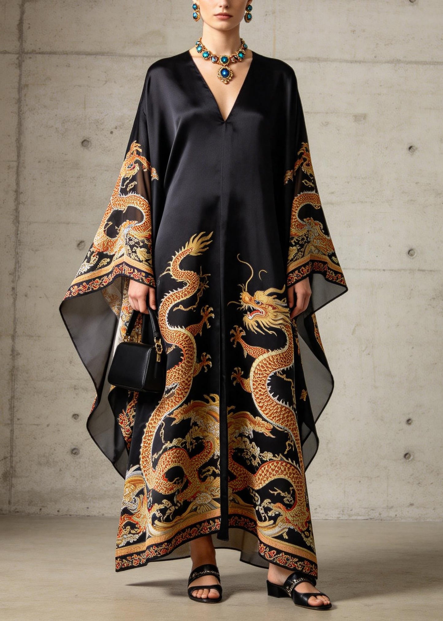Vintage Black V Neck Print Chiffon Robe Dresses Summer