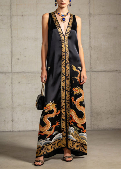 Vintage Black V Neck Print Silk Long Dresses Sleeveless