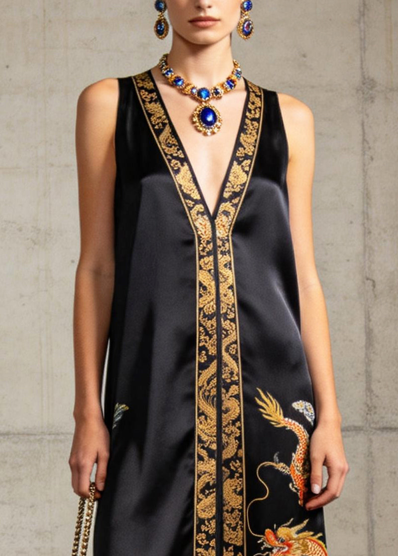 Vintage Black V Neck Print Silk Long Dresses Sleeveless
