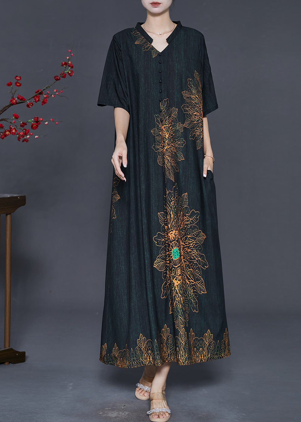 Vintage Black V Neck Print Silk Long Dresses Summer