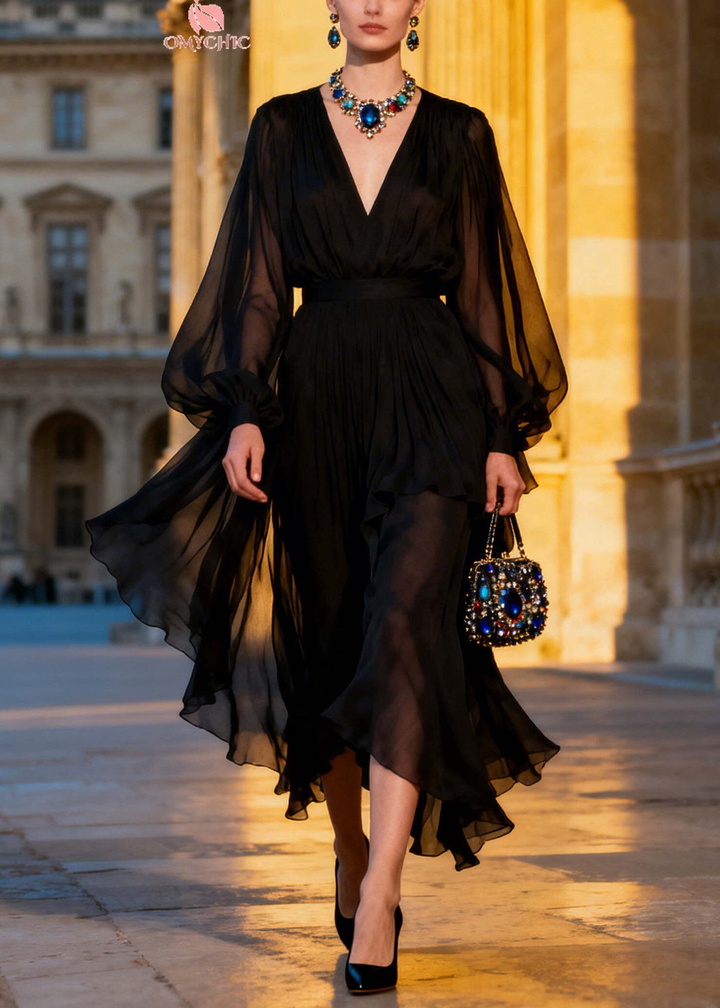 Vintage Black V Neck Sheer Chiffon Maxi Dresses Summer