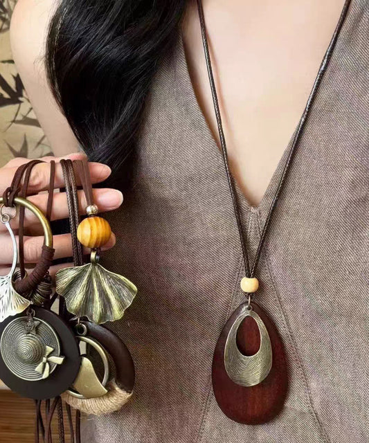Vintage Black Wooden Patchwork Waxed Cord Sweater Pendant Necklace