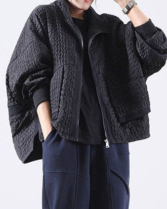 Vintage Black Zip Up Pockets Corduroy Jackets Spring