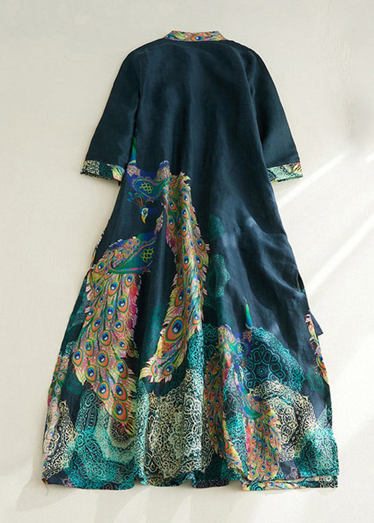 Vintage Blackish Green Stand Collar Print Side Open Long Dresses Short Sleeve