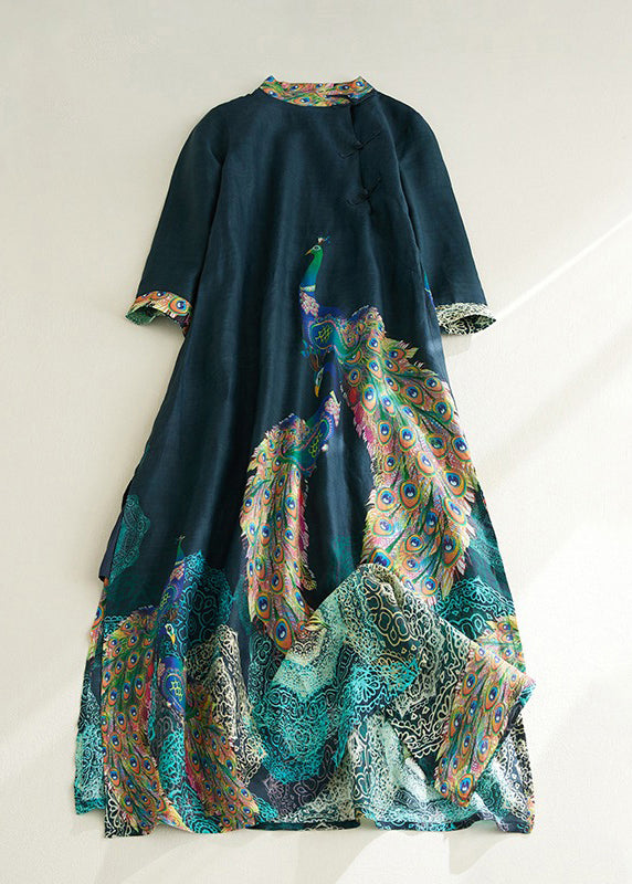 Vintage Blackish Green Stand Collar Print Side Open Long Dresses Short Sleeve