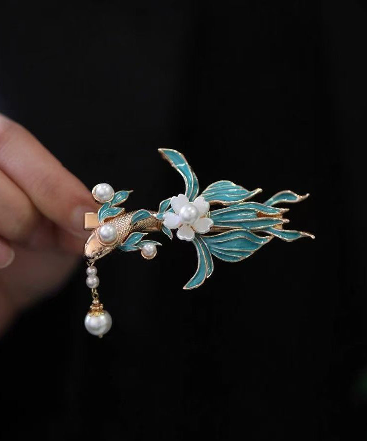 Vintage Blue Alloy Koi Fish Pearl Tassel Hairpin