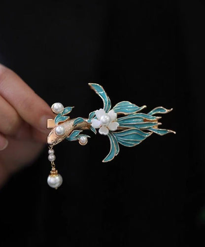 Vintage Blue Alloy Koi Fish Pearl Tassel Hairpin