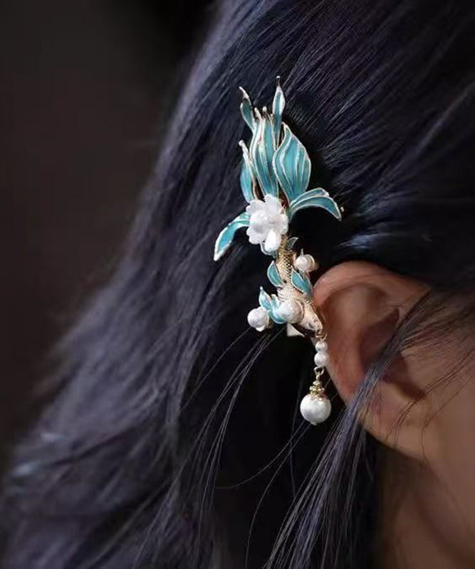Vintage Blue Alloy Koi Fish Pearl Tassel Hairpin
