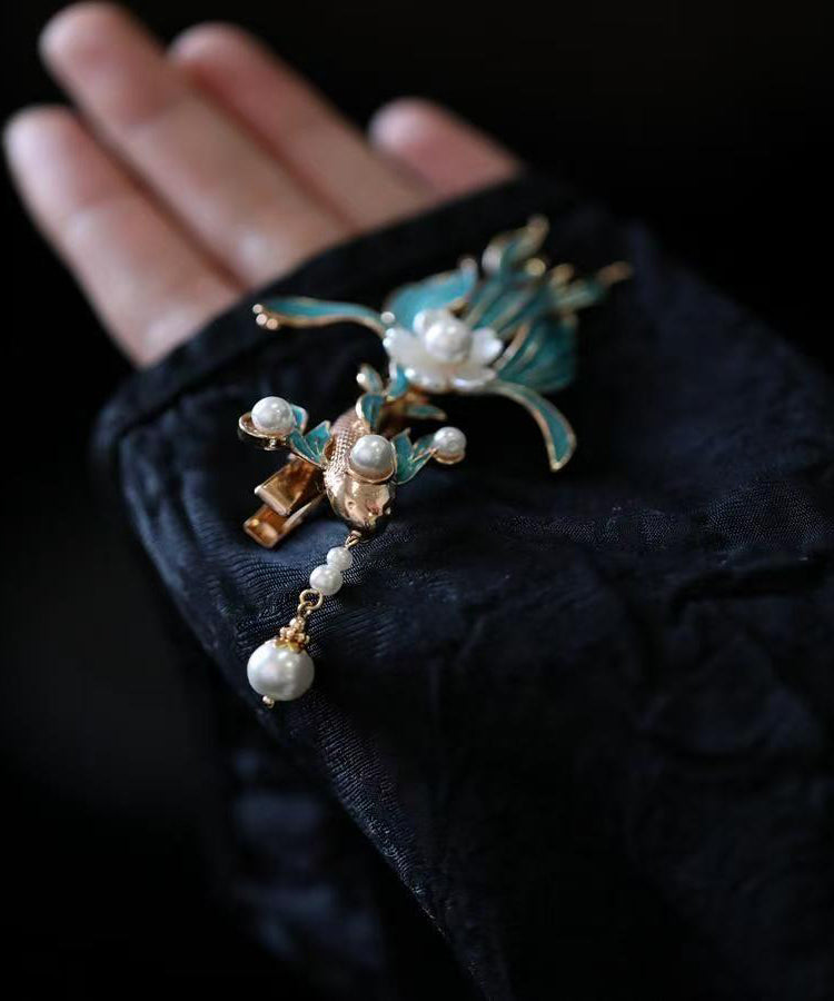 Vintage Blue Alloy Koi Fish Pearl Tassel Hairpin
