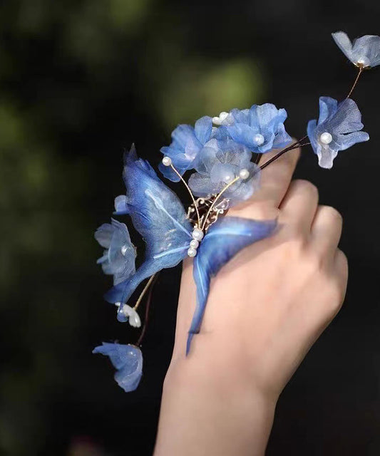 Vintage Blue Alloy Pearl Butterfly Floral Tassel Hairpin