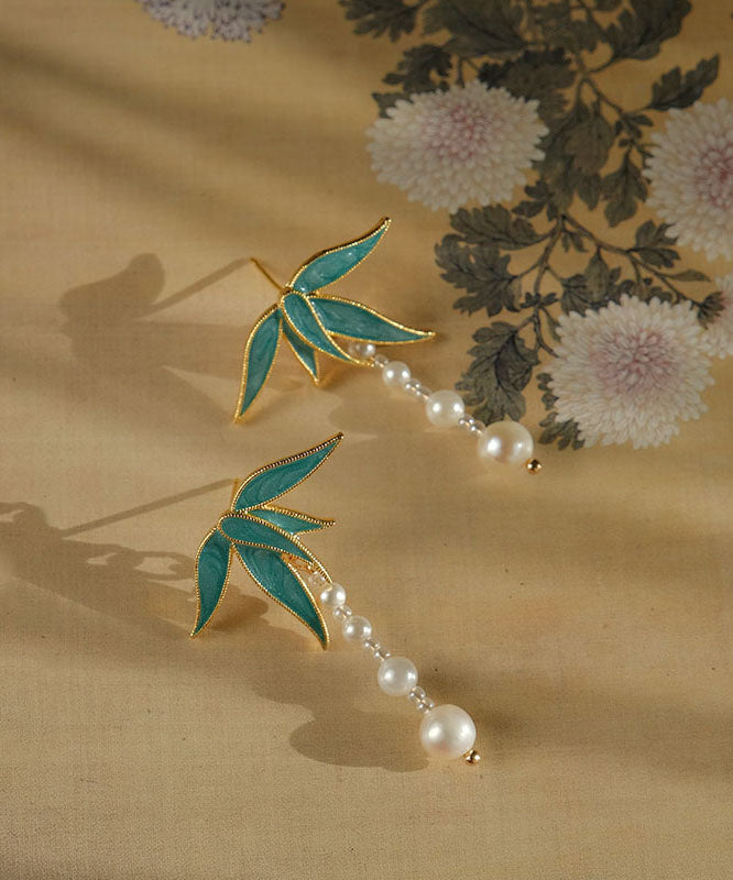 Vintage Blue Alloy Pearl Drip Glaze Bamboo Leaf Tassel Drop Earrings
