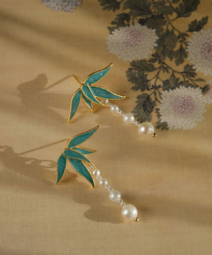 Vintage Blue Alloy Pearl Drip Glaze Bamboo Leaf Tassel Drop Earrings