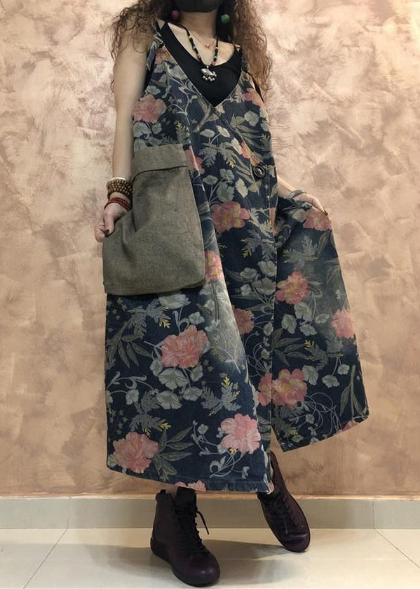 Vintage Blue Button Print Denim Spaghetti Strap Dress Sleeveless