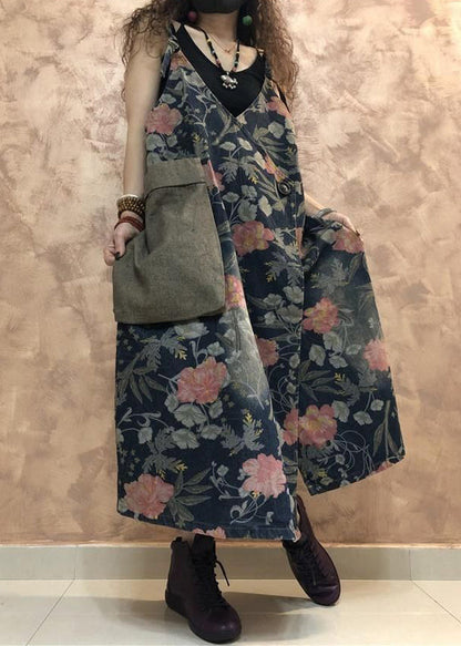 Vintage Blue Button Print Denim Spaghetti Strap Dress Sleeveless