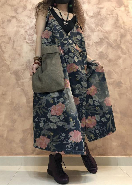 Vintage Blue Button Print Denim Spaghetti Strap Dress Sleeveless