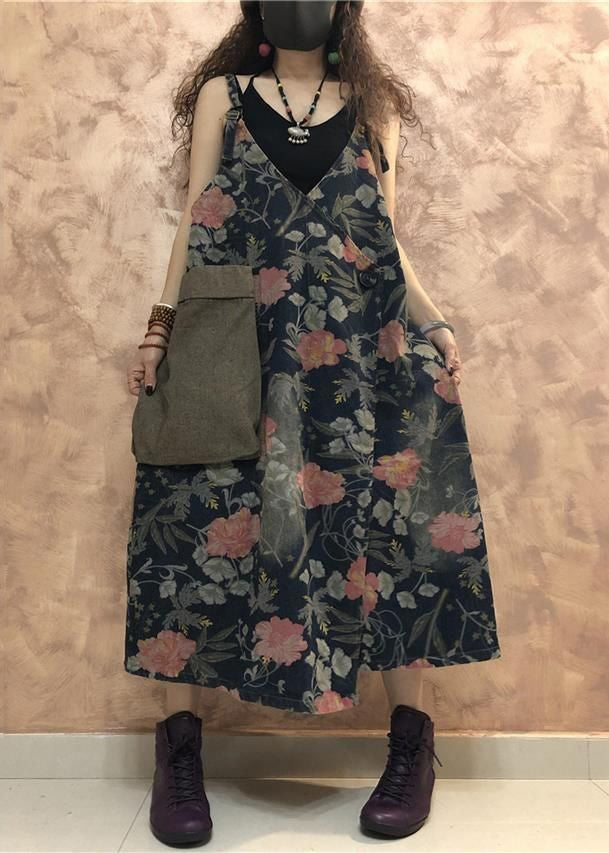 Vintage Blue Button Print Denim Spaghetti Strap Dress Sleeveless