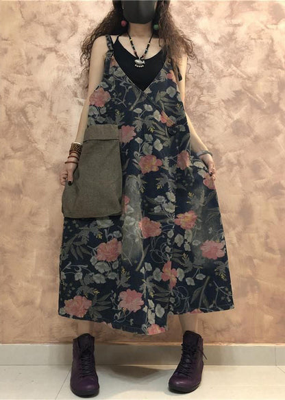 Vintage Blue Button Print Denim Spaghetti Strap Dress Sleeveless