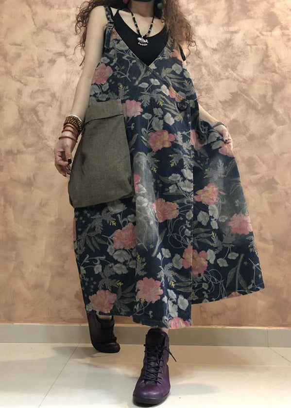 Vintage Blue Button Print Denim Spaghetti Strap Dress Sleeveless