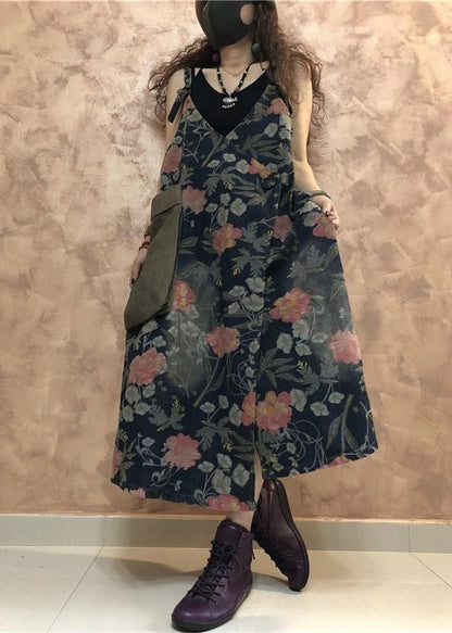 Vintage Blue Button Print Denim Spaghetti Strap Dress Sleeveless