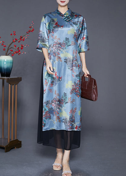 Vintage Blue Chinese Button Patchwork Silk Fake Two Piece Dresses Summer