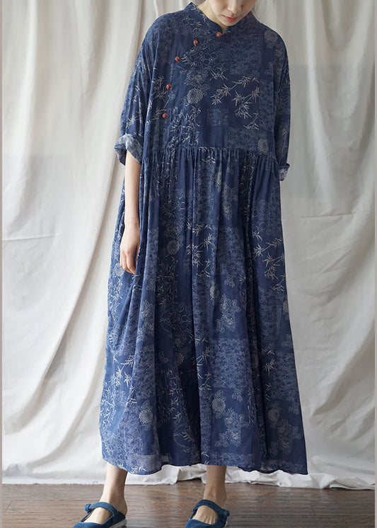 Vintage Blue Cinched Print Cotton Maxi Dress Half Sleeve