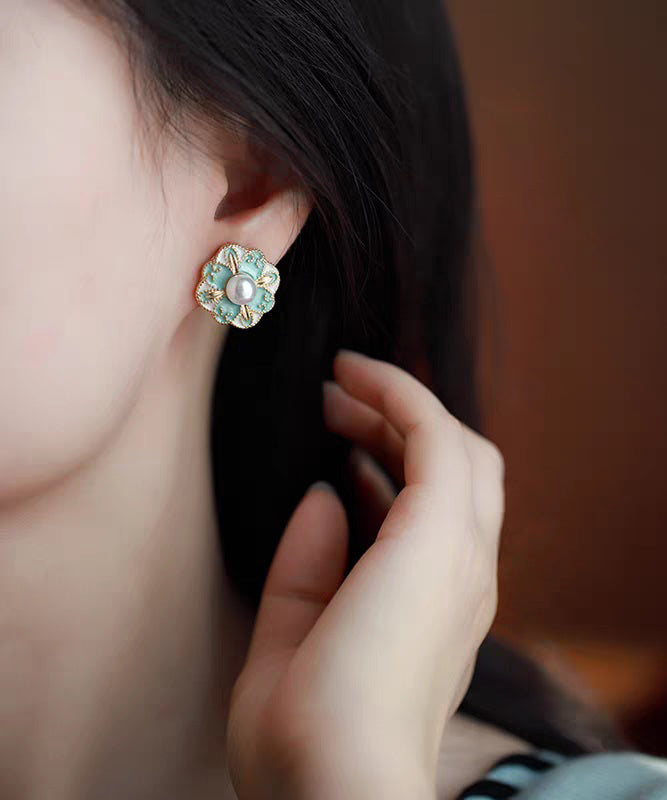 Vintage Blue Copper Pearl Floral Stud Earrings