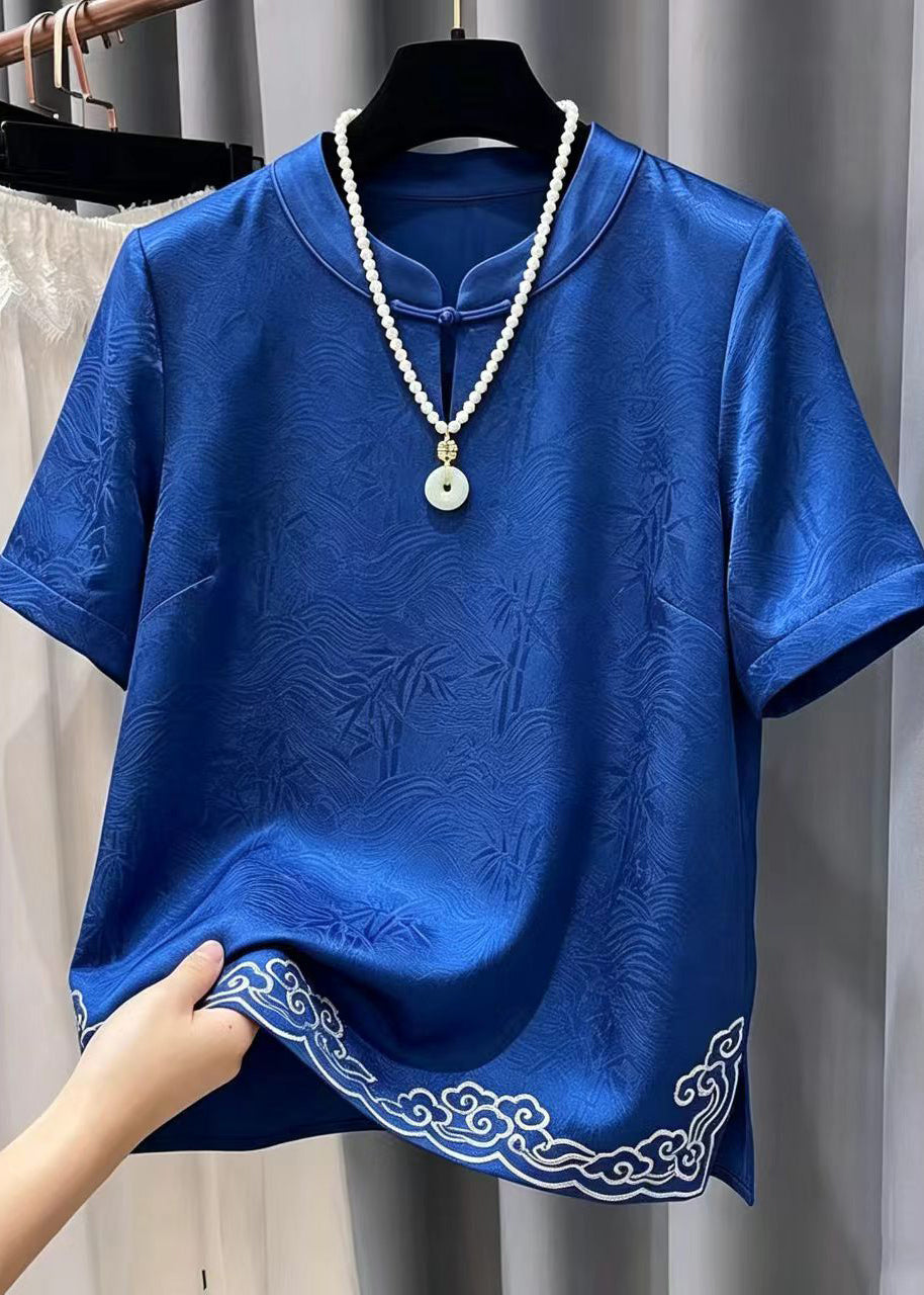 Vintage Blue Embroidered Jacquard Silk Oriental Blouses Summer