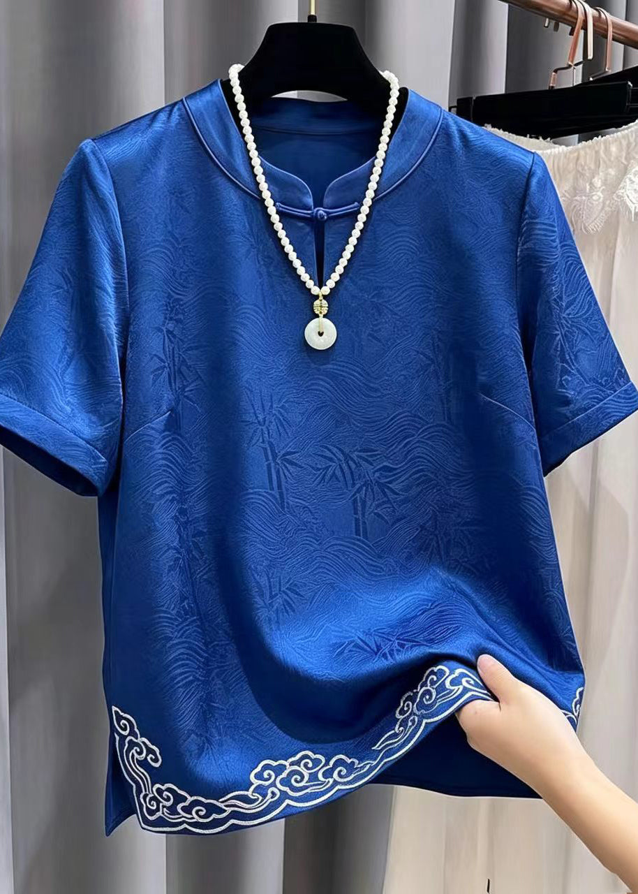 Vintage Blue Embroidered Jacquard Silk Oriental Blouses Summer