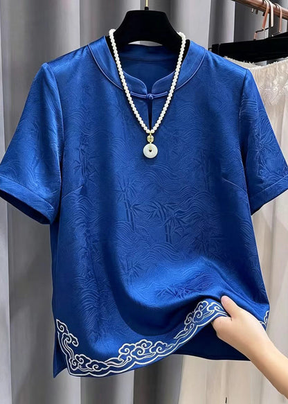 Vintage Blue Embroidered Jacquard Silk Oriental Blouses Summer