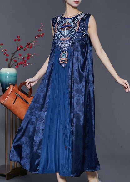 Vintage Blue Embroidered Patchwork Silk Dress Sleeveless