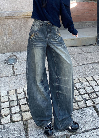 Vintage Blue Embroidered Pockets Denim Wide Leg Pants Spring