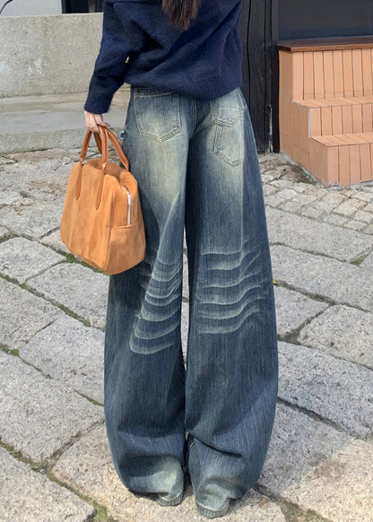 Vintage Blue Embroidered Pockets Denim Wide Leg Pants Spring