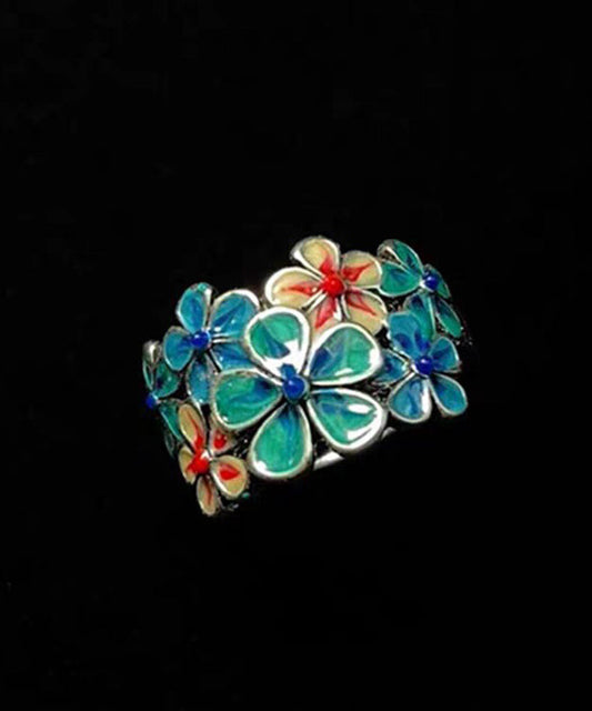 Vintage Blue Glaze Flower Adjustable Alloy Rings
